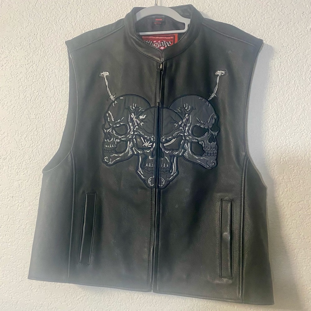 First Racing reflective Skull Black Leather Biker Vest Medium